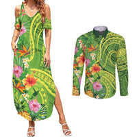 Polynesian Tribal Flower Tattoo Couples Matching Summer Maxi Dress and Long Sleeve Button Shirt Special Lime Green Vibe LT9 Lime Green - Polynesian Pride