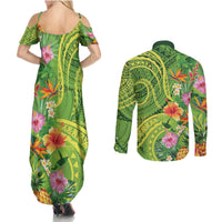 Polynesian Tribal Flower Tattoo Couples Matching Summer Maxi Dress and Long Sleeve Button Shirt Special Lime Green Vibe LT9 - Polynesian Pride