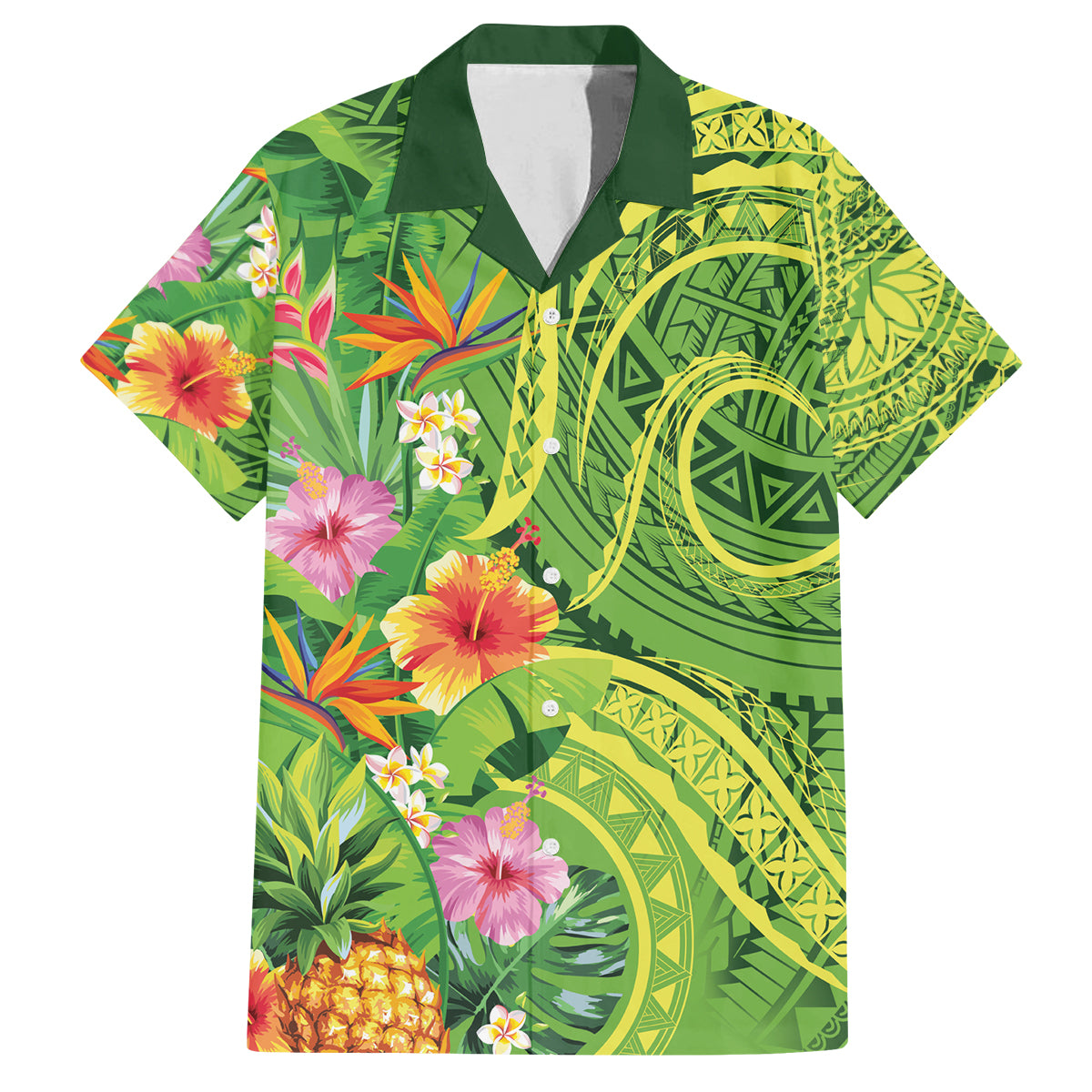 Polynesian Tribal Flower Tattoo Family Matching Long Sleeve Bodycon Dress and Hawaiian Shirt Special Lime Green Vibe