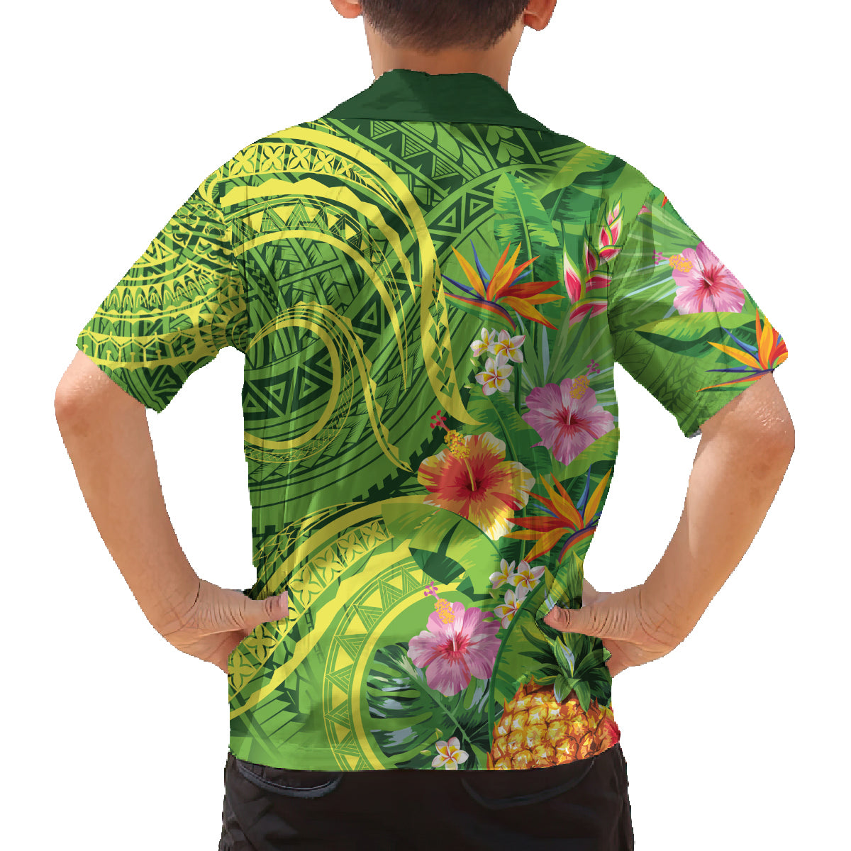 Polynesian Tribal Flower Tattoo Family Matching Off Shoulder Short Dress and Hawaiian Shirt Special Lime Green Vibe