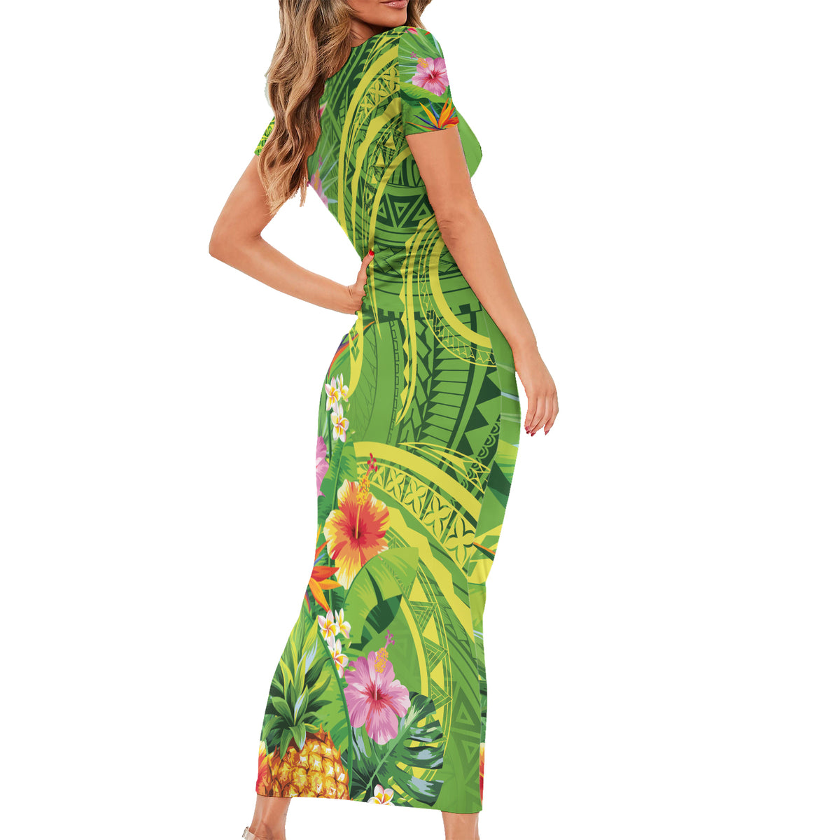 Polynesian Tribal Flower Tattoo Family Matching Short Sleeve Bodycon Dress and Hawaiian Shirt Special Lime Green Vibe