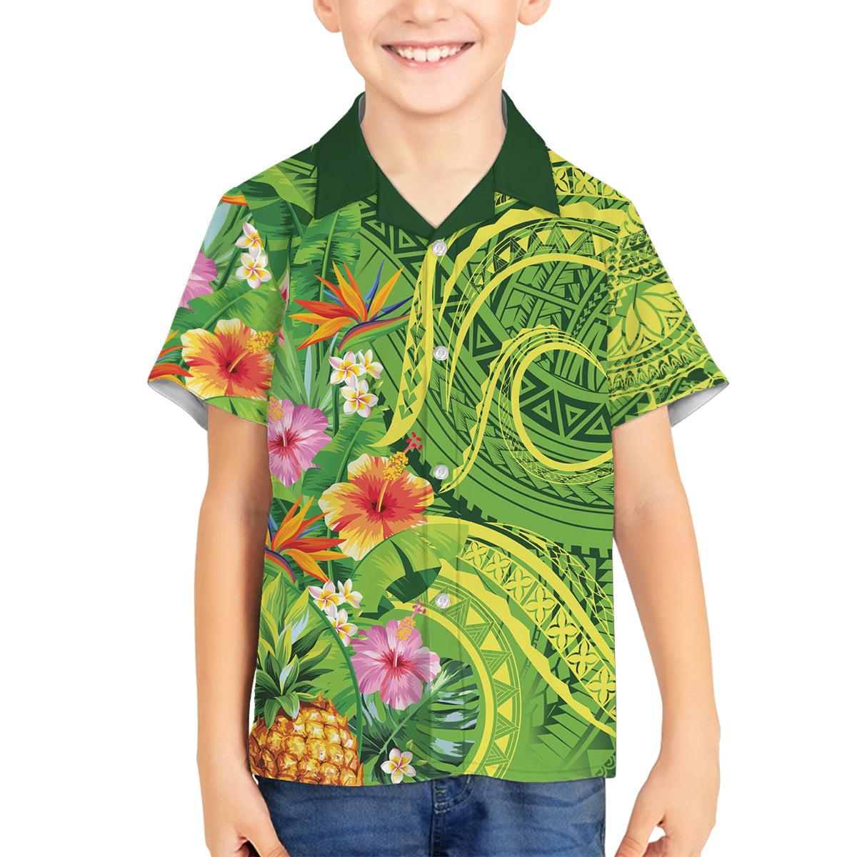 Polynesian Tribal Flower Tattoo Family Matching Summer Maxi Dress and Hawaiian Shirt Special Lime Green Vibe