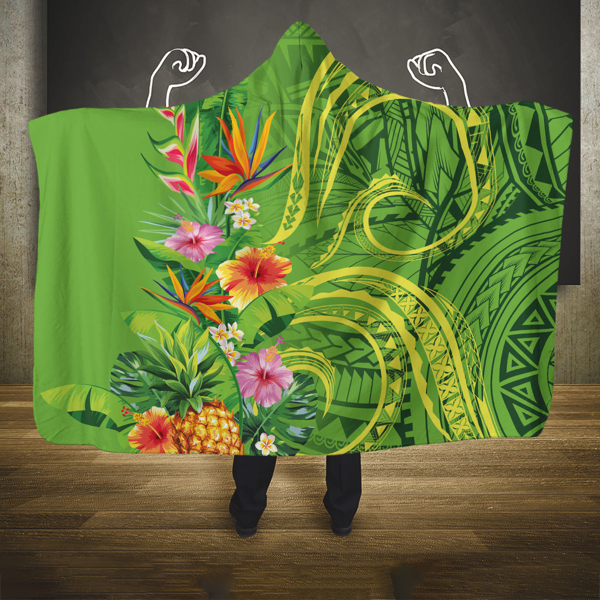 Polynesian Tribal Flower Tattoo Hooded Blanket Special Lime Green Vibe