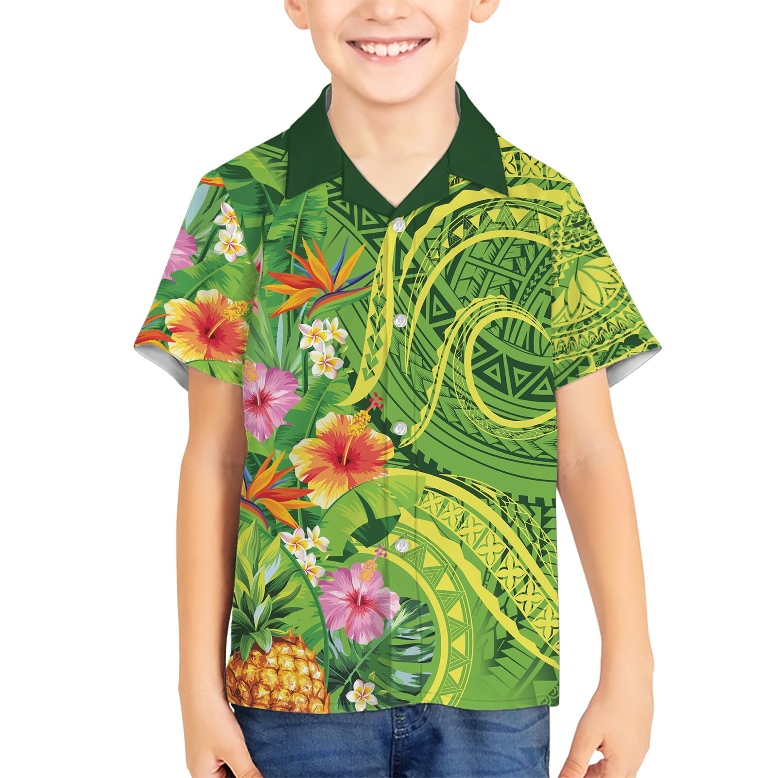 Polynesian Tribal Flower Tattoo Kid Hawaiian Shirt Special Lime Green Vibe