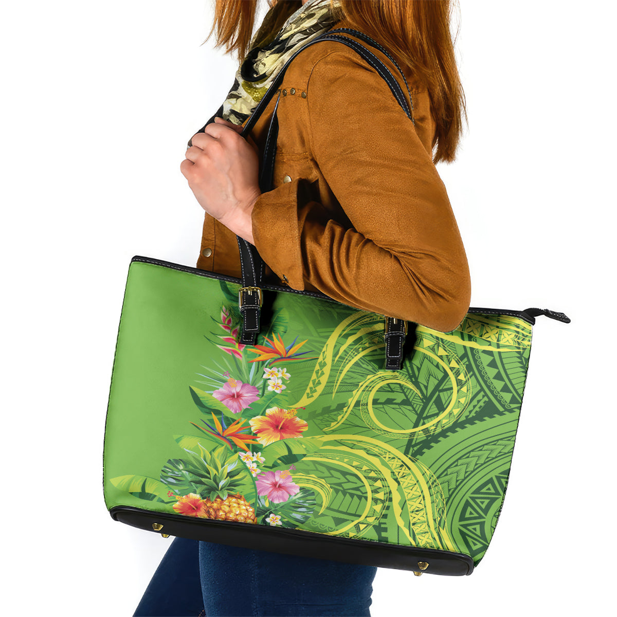 Polynesian Tribal Flower Tattoo Leather Tote Bag Special Lime Green Vibe