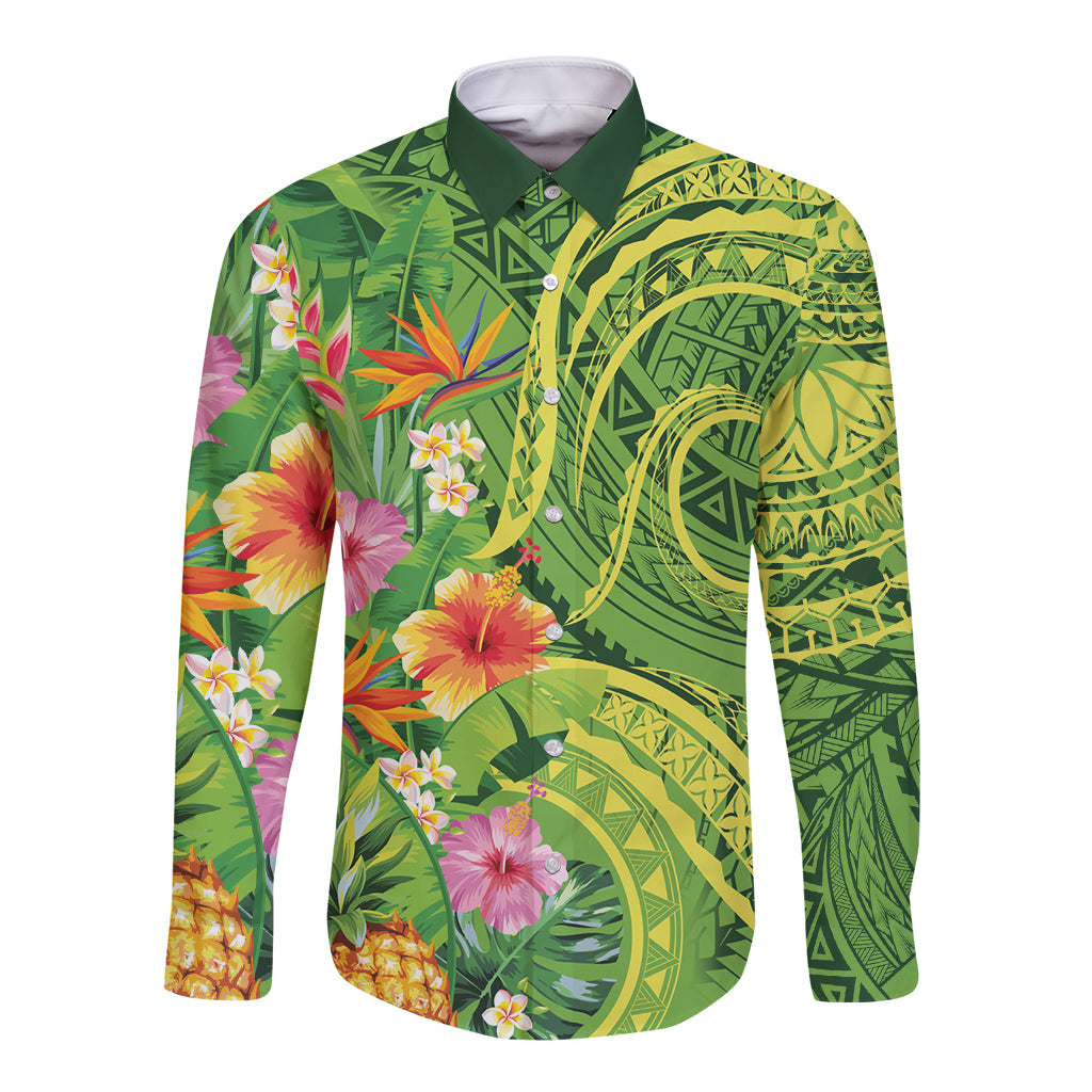 Polynesian Tribal Flower Tattoo Long Sleeve Button Shirt Special Lime Green Vibe