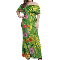 Polynesian Tribal Flower Tattoo Off Shoulder Maxi Dress Special Lime Green Vibe