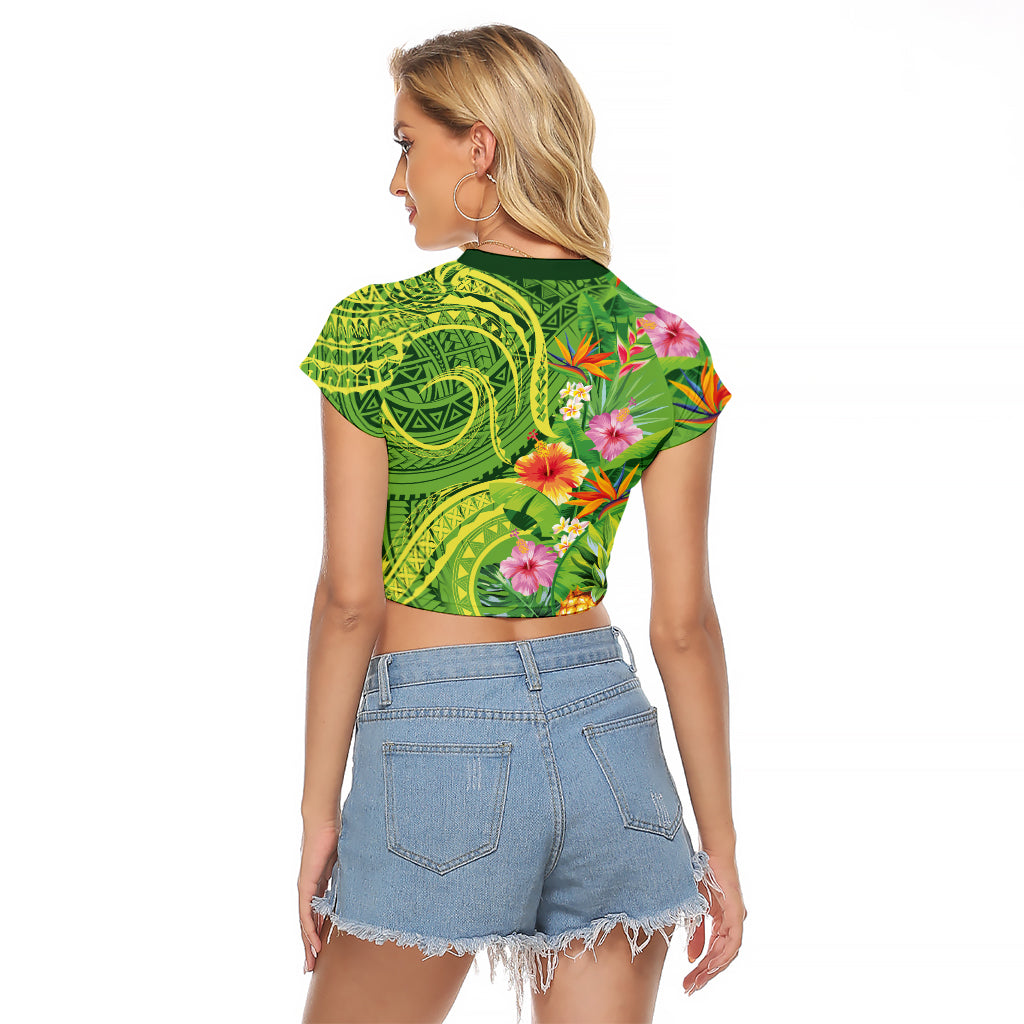 Polynesian Tribal Flower Tattoo Raglan Cropped T Shirt Special Lime Green Vibe