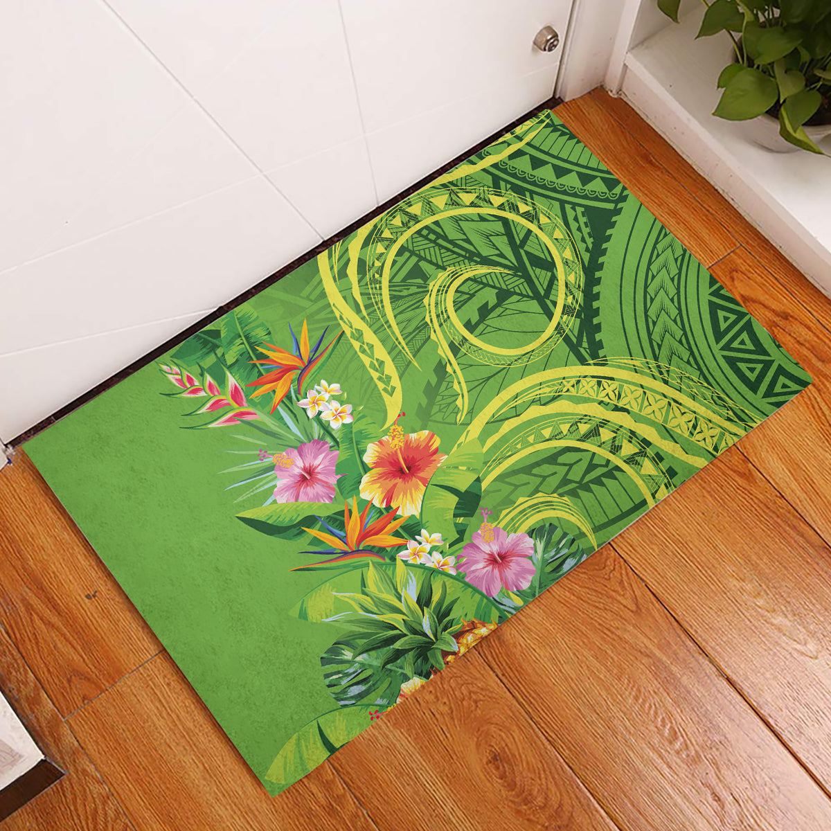 Polynesian Tribal Flower Tattoo Rubber Doormat Special Lime Green Vibe