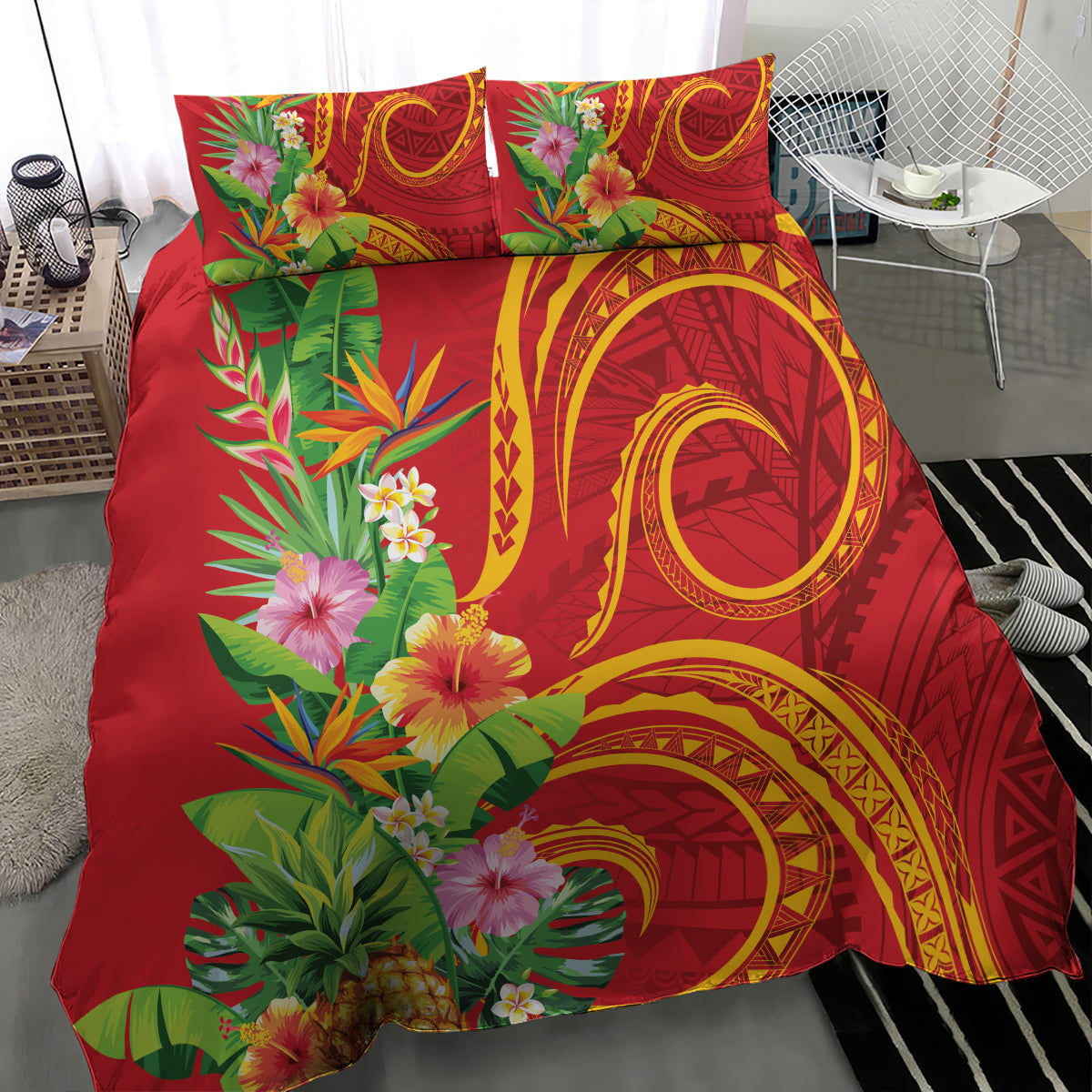 Polynesian Tribal Flower Tattoo Bedding Set Special Vermilion Vibe