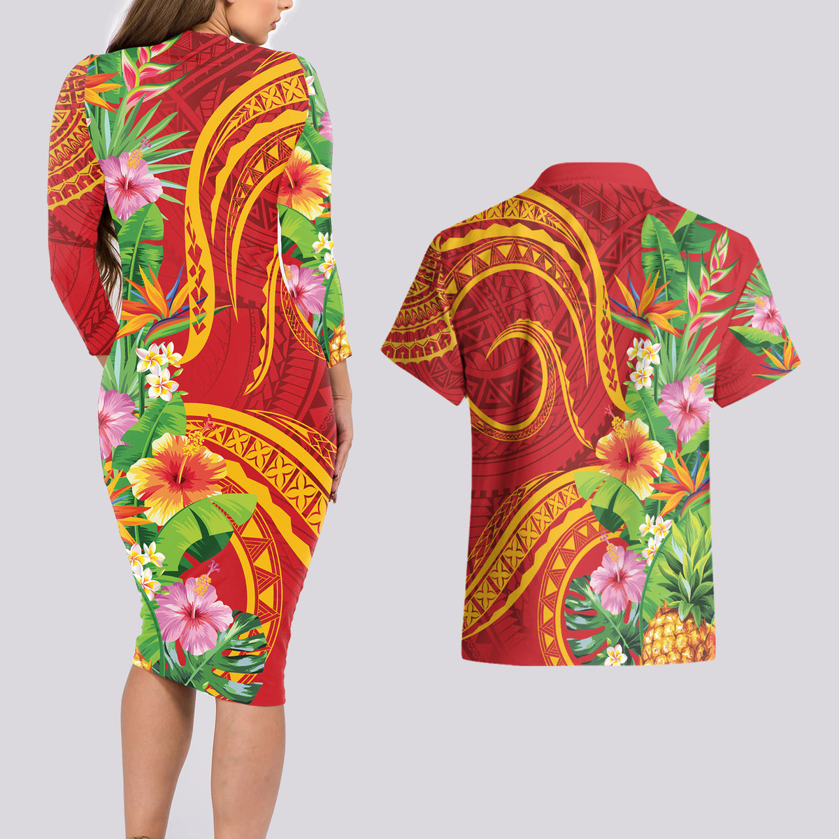 Polynesian Tribal Flower Tattoo Couples Matching Long Sleeve Bodycon Dress and Hawaiian Shirt Special Vermilion Vibe LT9 - Polynesian Pride