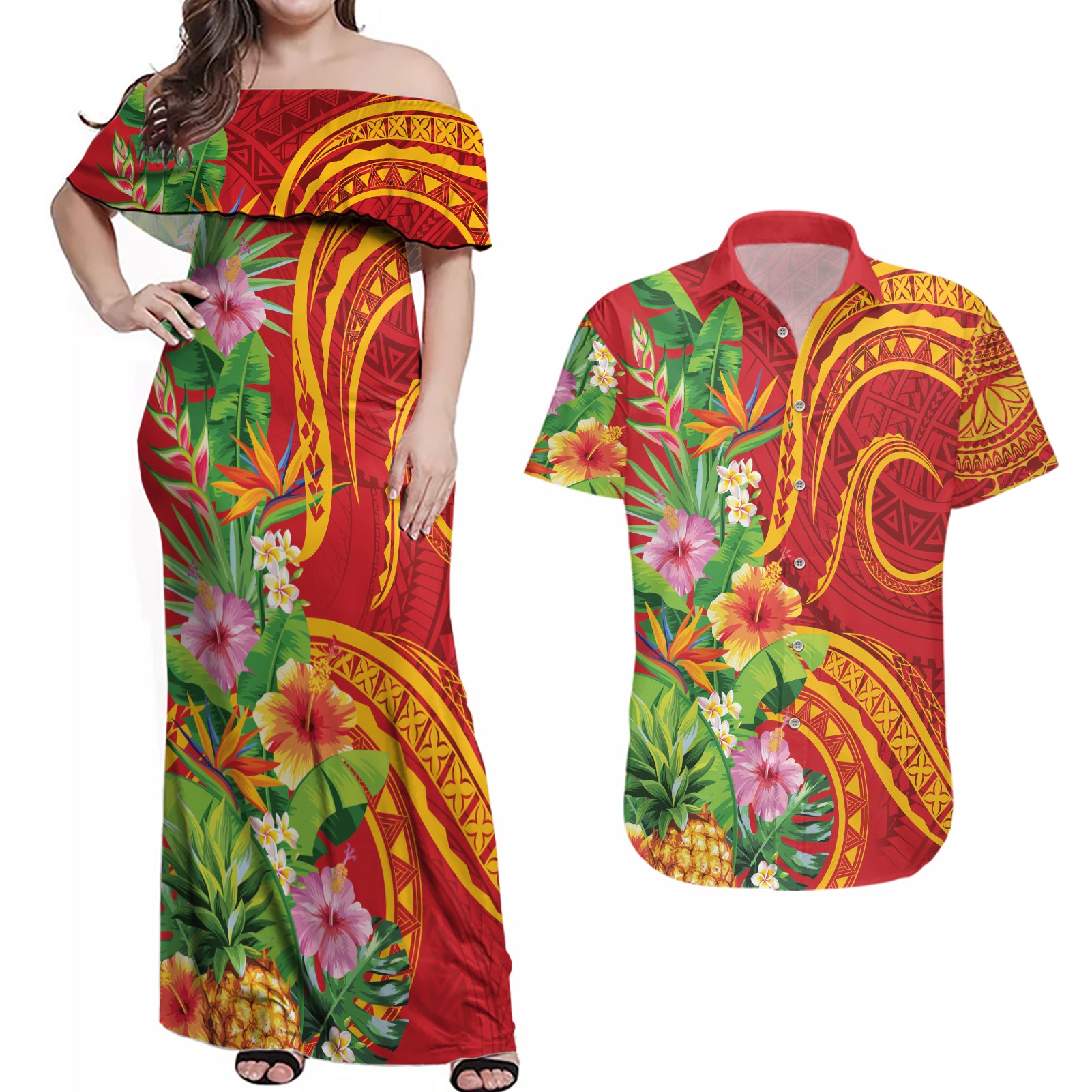 Polynesian Tribal Flower Tattoo Couples Matching Off Shoulder Maxi Dress and Hawaiian Shirt Special Vermilion Vibe