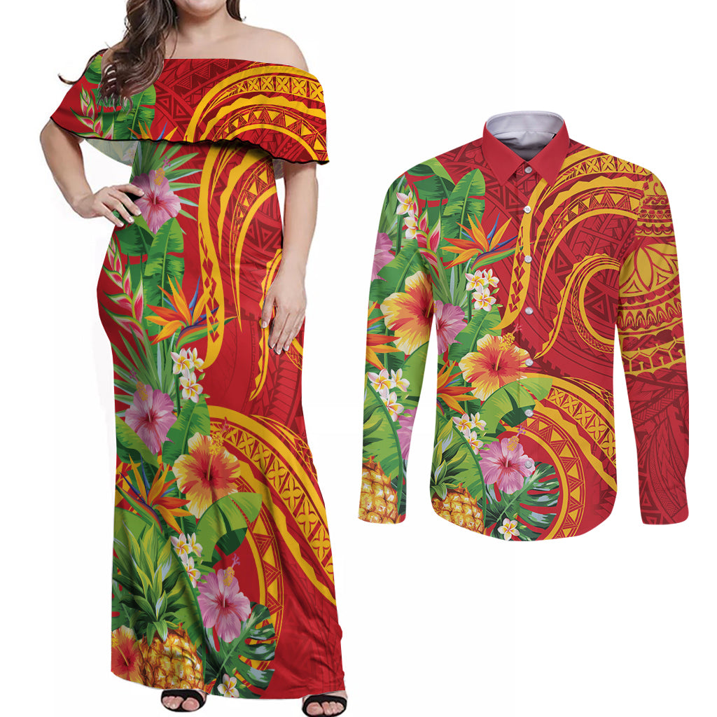 Polynesian Tribal Flower Tattoo Couples Matching Off Shoulder Maxi Dress and Long Sleeve Button Shirt Special Vermilion Vibe