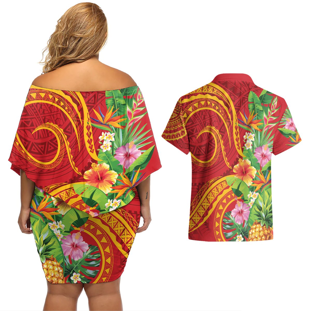 Polynesian Tribal Flower Tattoo Couples Matching Off Shoulder Short Dress and Hawaiian Shirt Special Vermilion Vibe LT9 - Polynesian Pride