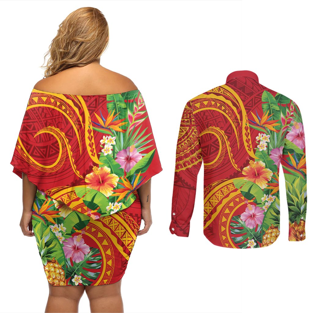 Polynesian Tribal Flower Tattoo Couples Matching Off Shoulder Short Dress and Long Sleeve Button Shirt Special Vermilion Vibe