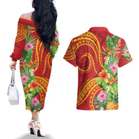 Polynesian Tribal Flower Tattoo Couples Matching Off The Shoulder Long Sleeve Dress and Hawaiian Shirt Special Vermilion Vibe