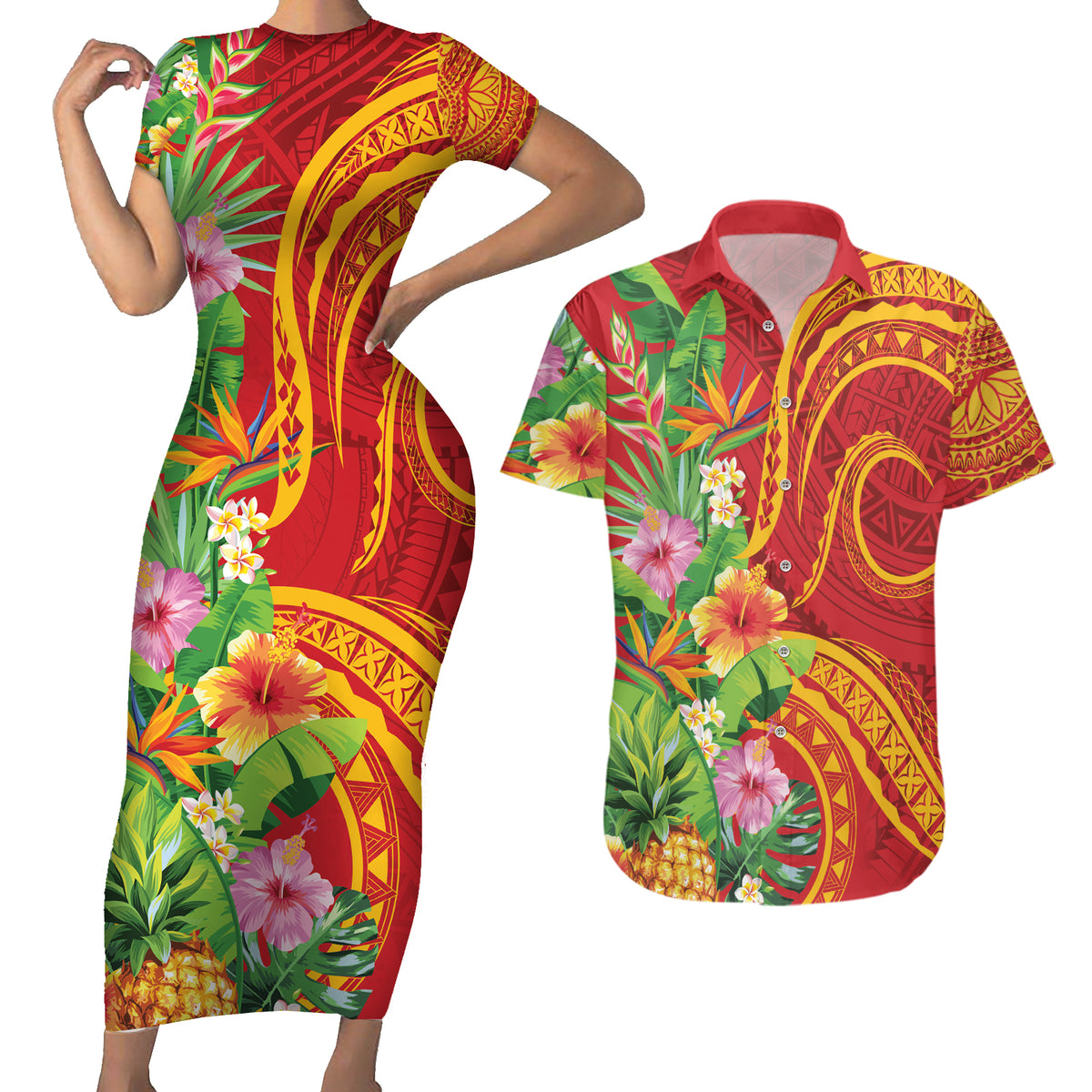 Polynesian Tribal Flower Tattoo Couples Matching Short Sleeve Bodycon Dress and Hawaiian Shirt Special Vermilion Vibe LT9 Brownish-red - Polynesian Pride