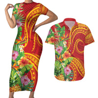 Polynesian Tribal Flower Tattoo Couples Matching Short Sleeve Bodycon Dress and Hawaiian Shirt Special Vermilion Vibe LT9 Brownish-red - Polynesian Pride