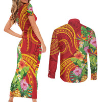 Polynesian Tribal Flower Tattoo Couples Matching Short Sleeve Bodycon Dress and Long Sleeve Button Shirt Special Vermilion Vibe LT9 - Polynesian Pride
