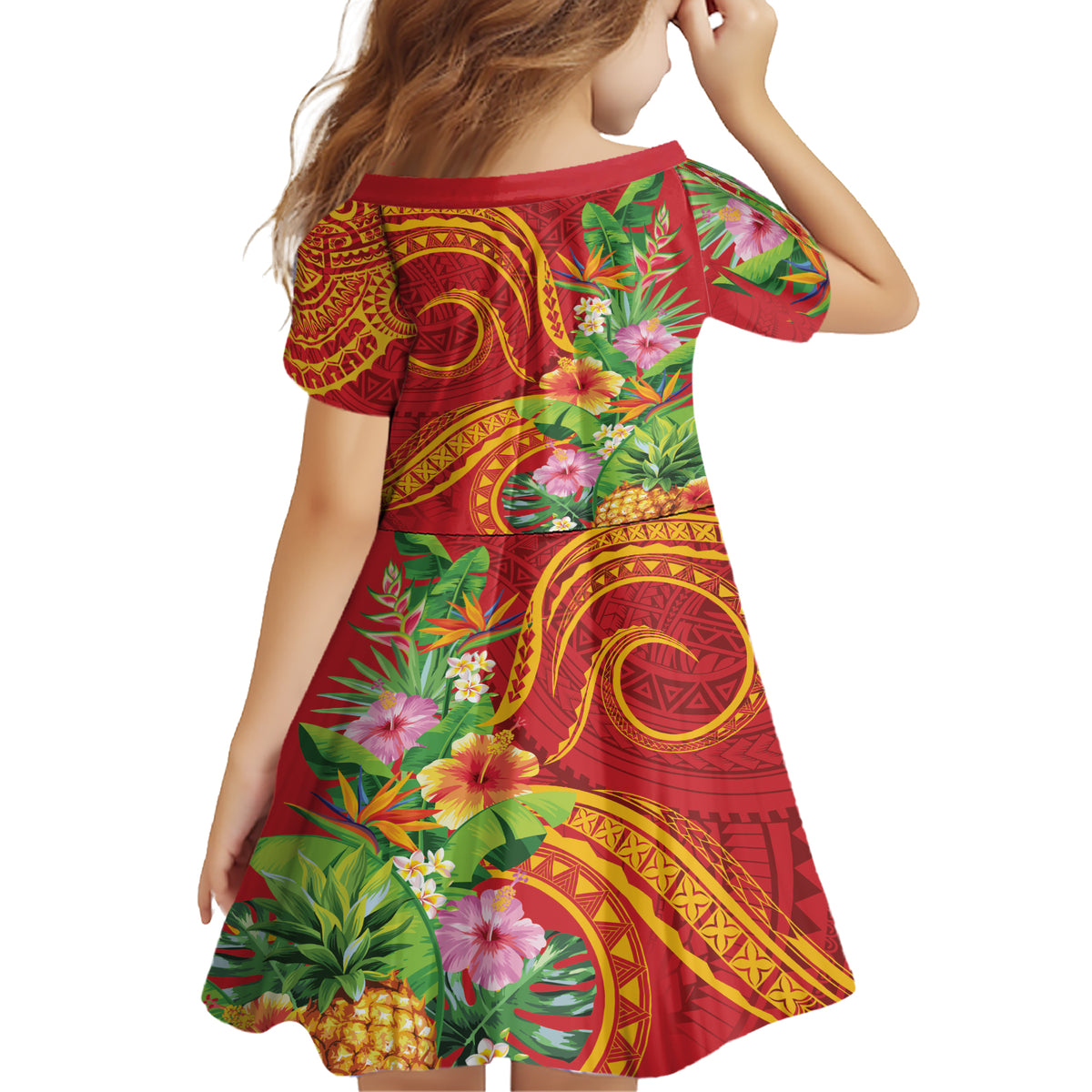 Polynesian Tribal Flower Tattoo Family Matching Short Sleeve Bodycon Dress and Hawaiian Shirt Special Vermilion Vibe