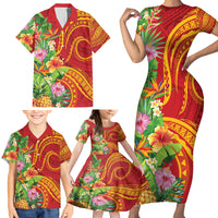Polynesian Tribal Flower Tattoo Family Matching Short Sleeve Bodycon Dress and Hawaiian Shirt Special Vermilion Vibe
