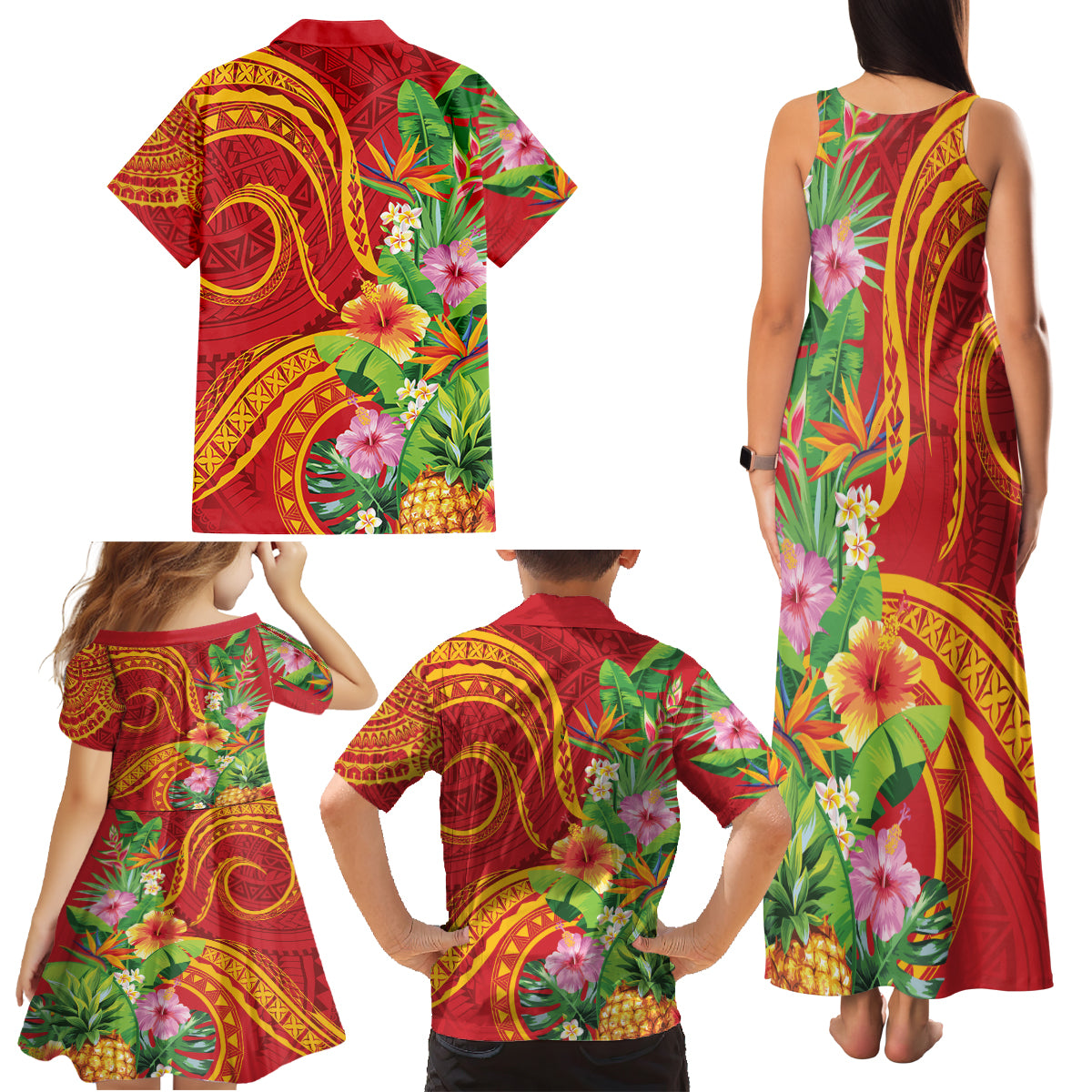 Polynesian Tribal Flower Tattoo Family Matching Tank Maxi Dress and Hawaiian Shirt Special Vermilion Vibe