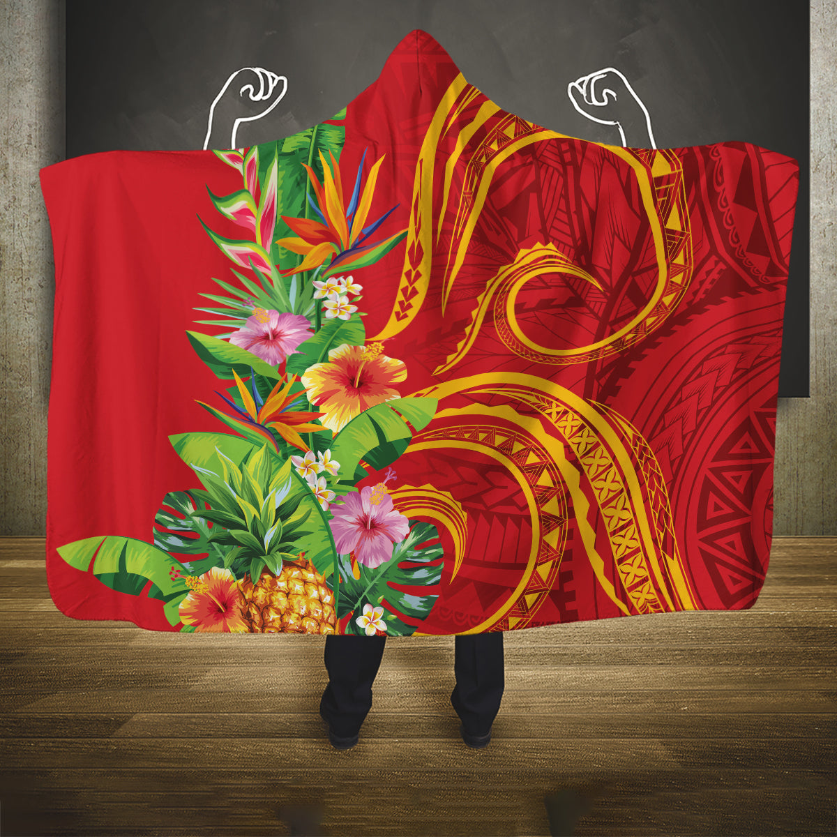 Polynesian Tribal Flower Tattoo Hooded Blanket Special Vermilion Vibe