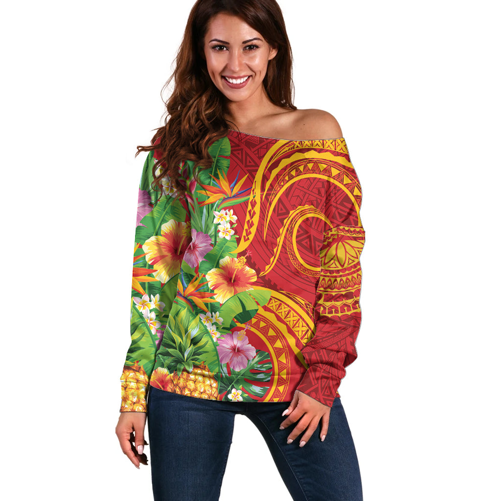 Polynesian Tribal Flower Tattoo Off Shoulder Sweater Special Vermilion Vibe