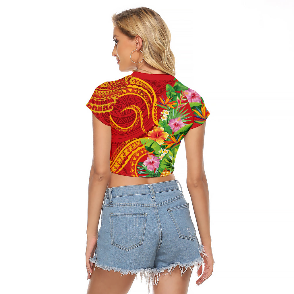 Polynesian Tribal Flower Tattoo Raglan Cropped T Shirt Special Vermilion Vibe