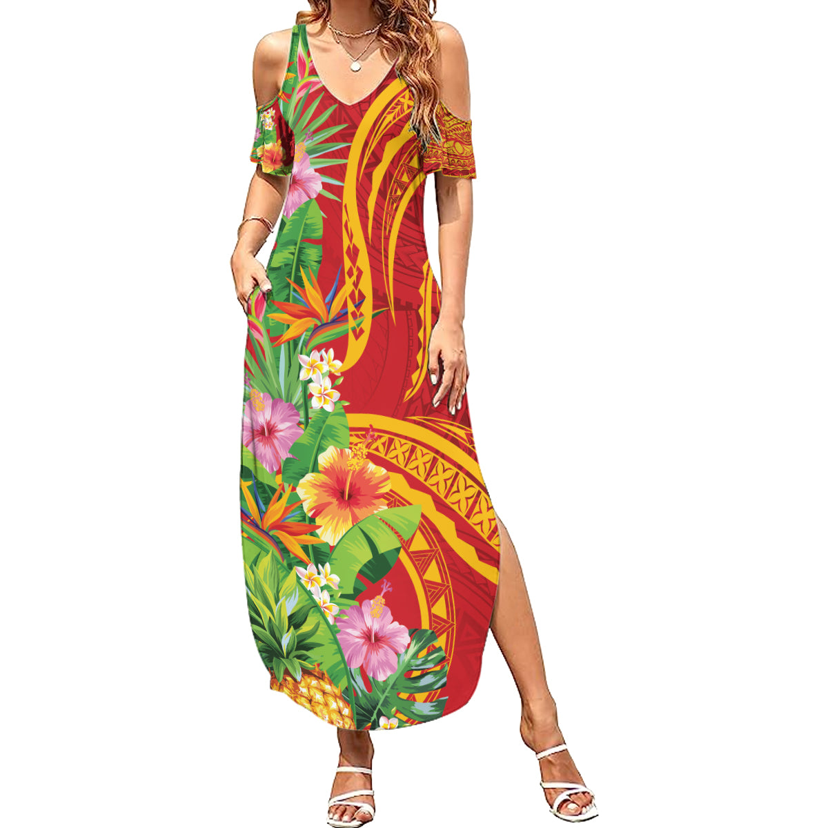 Polynesian Tribal Flower Tattoo Summer Maxi Dress Special Vermilion Vibe