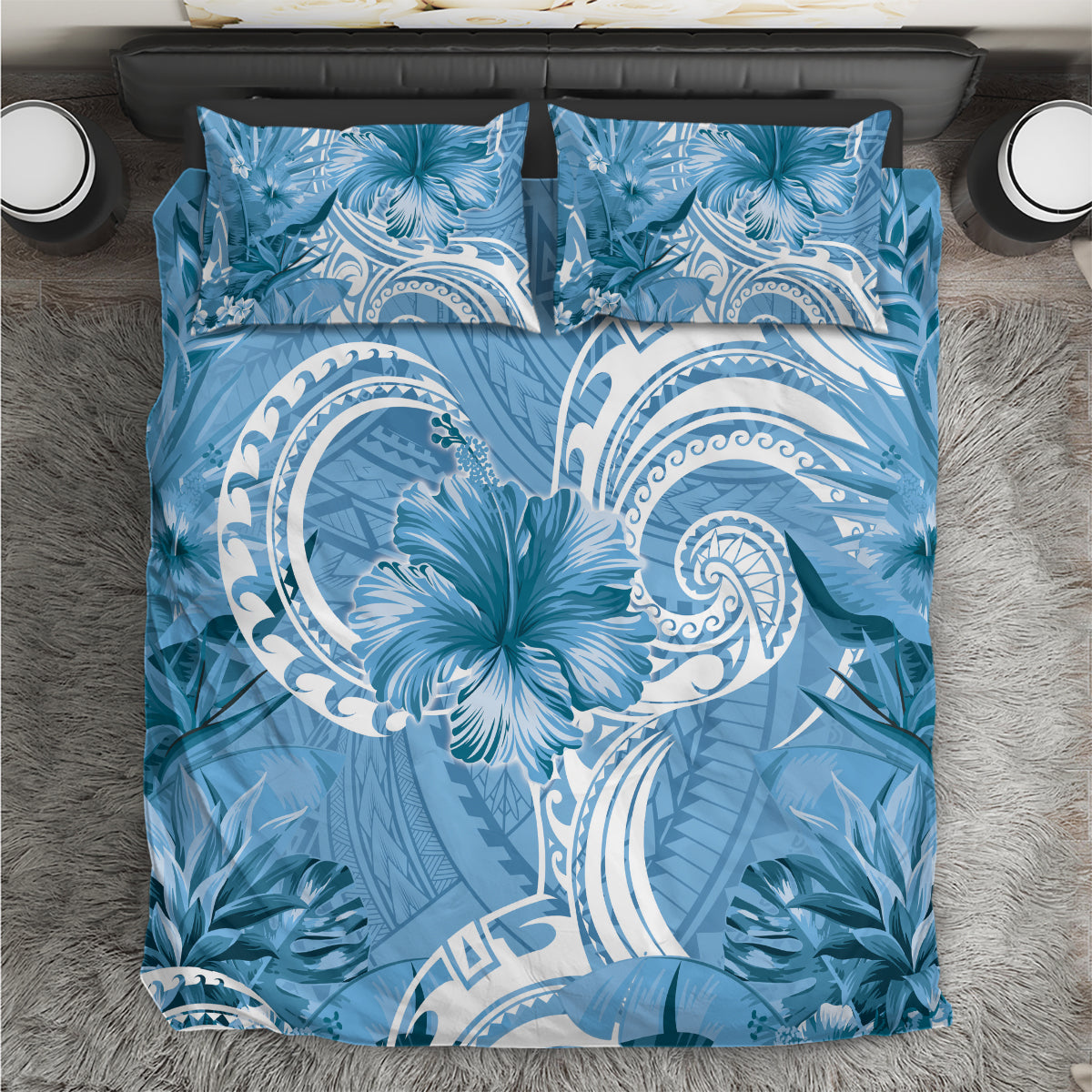 Polynesian Hibiscus Flower Tribal Bedding Set Blue Color