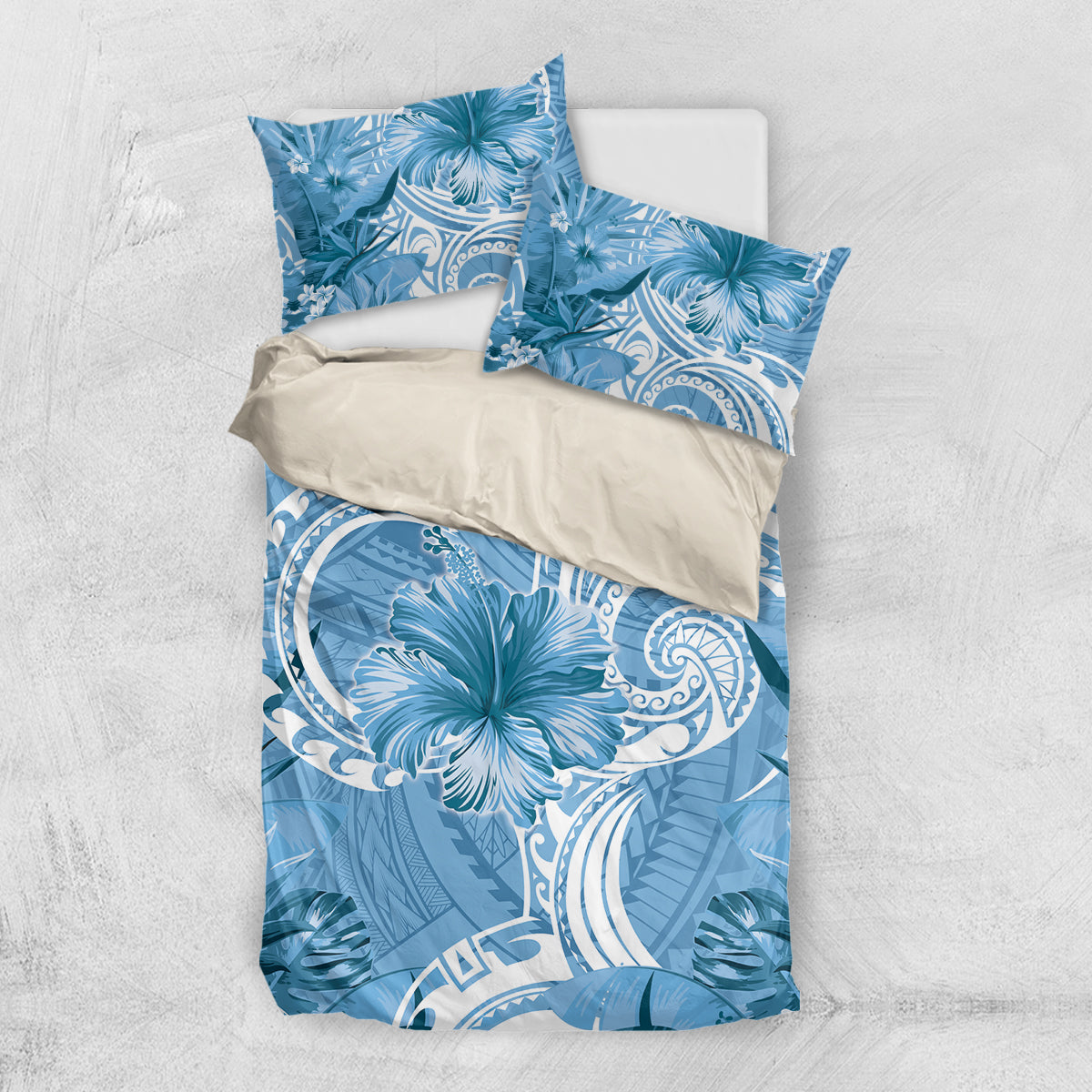 Polynesian Hibiscus Flower Tribal Bedding Set Blue Color