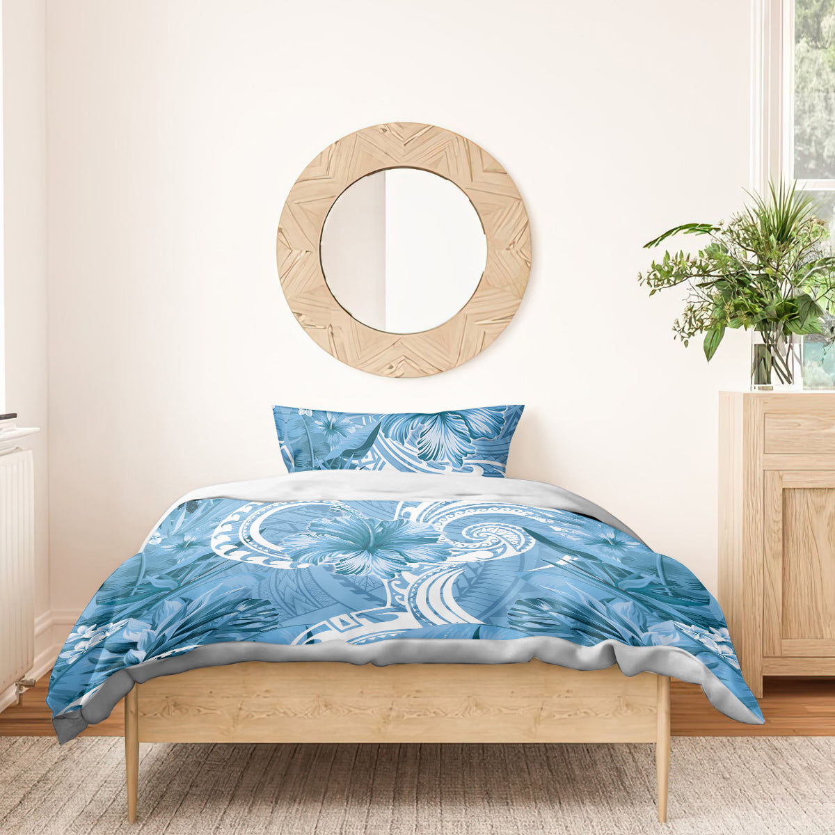 Polynesian Hibiscus Flower Tribal Bedding Set Blue Color