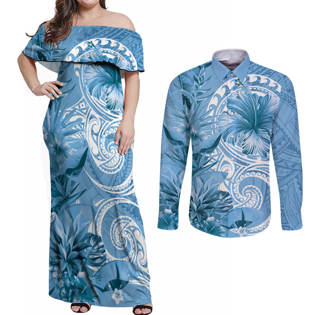 Polynesian Hibiscus Flower Tribal Couples Matching Off Shoulder Maxi Dress and Long Sleeve Button Shirt Blue Color