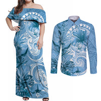 Polynesian Hibiscus Flower Tribal Couples Matching Off Shoulder Maxi Dress and Long Sleeve Button Shirt Blue Color