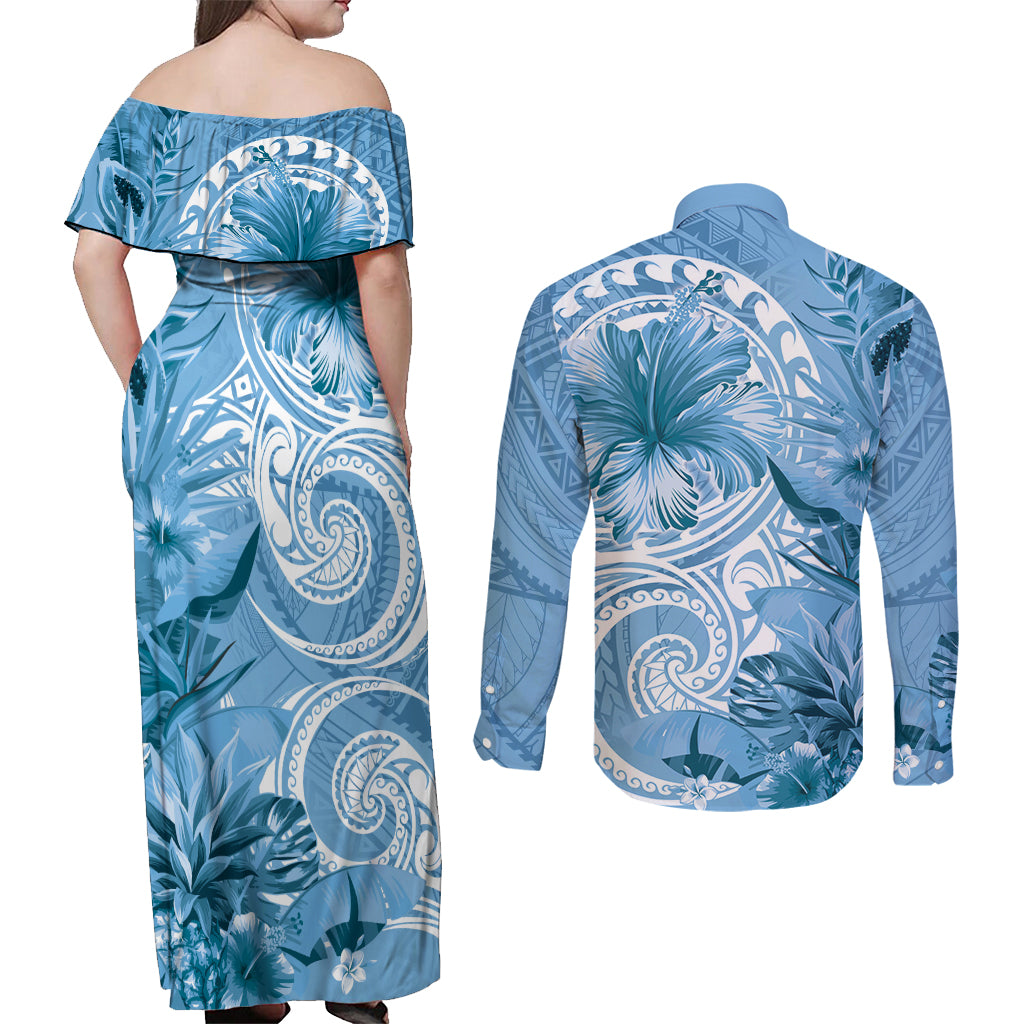 Polynesian Hibiscus Flower Tribal Couples Matching Off Shoulder Maxi Dress and Long Sleeve Button Shirt Blue Color