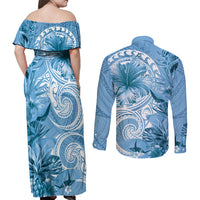 Polynesian Hibiscus Flower Tribal Couples Matching Off Shoulder Maxi Dress and Long Sleeve Button Shirt Blue Color