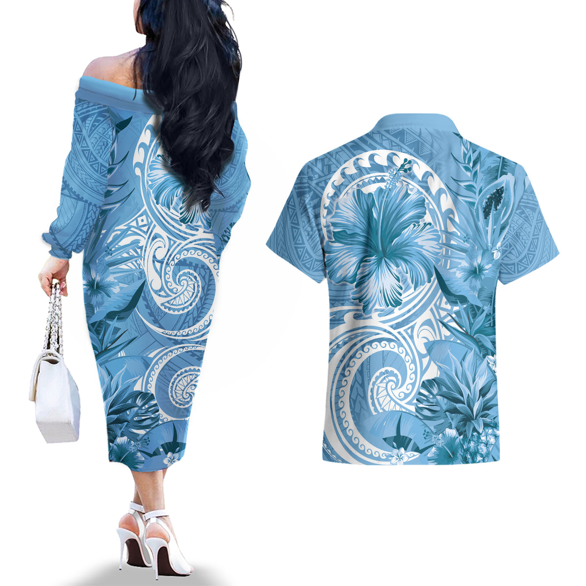 Polynesian Hibiscus Flower Tribal Couples Matching Off The Shoulder Long Sleeve Dress and Hawaiian Shirt Blue Color