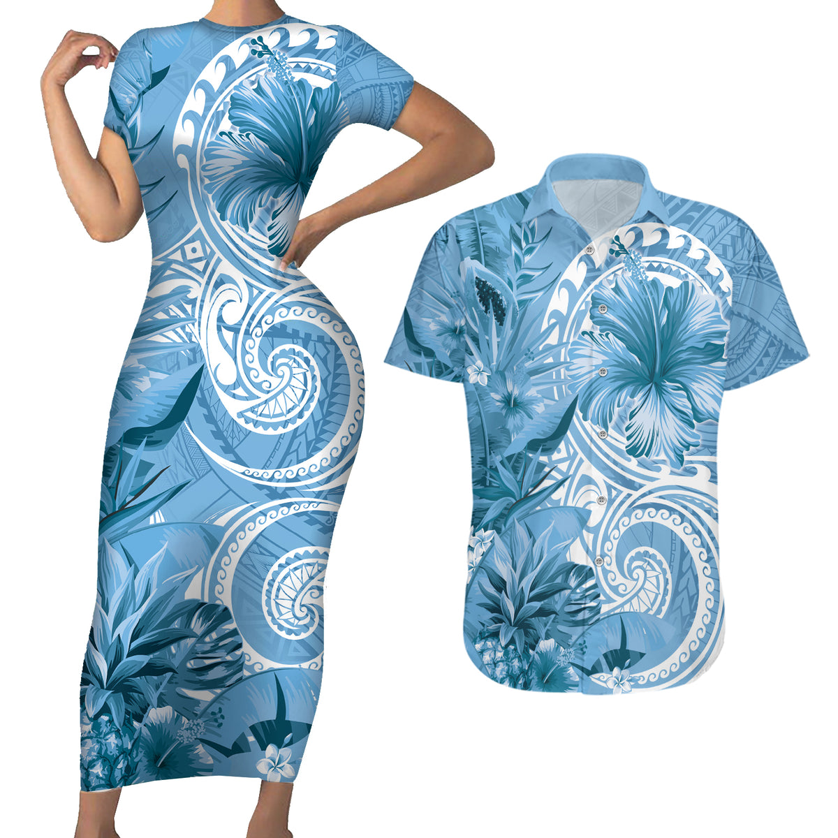 Polynesian Hibiscus Flower Tribal Couples Matching Short Sleeve Bodycon Dress and Hawaiian Shirt Blue Color LT9 Blue - Polynesian Pride