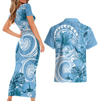 Polynesian Hibiscus Flower Tribal Couples Matching Short Sleeve Bodycon Dress and Hawaiian Shirt Blue Color LT9 - Polynesian Pride