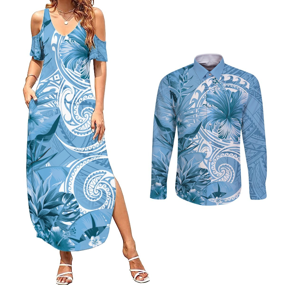 Polynesian Hibiscus Flower Tribal Couples Matching Summer Maxi Dress and Long Sleeve Button Shirt Blue Color LT9 Blue - Polynesian Pride