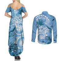 Polynesian Hibiscus Flower Tribal Couples Matching Summer Maxi Dress and Long Sleeve Button Shirt Blue Color LT9 - Polynesian Pride