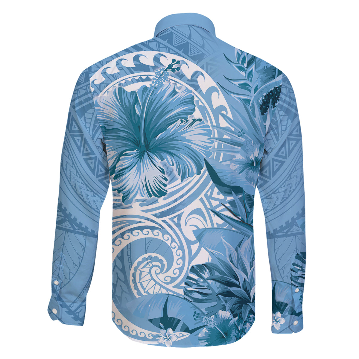 Polynesian Hibiscus Flower Tribal Family Matching Long Sleeve Bodycon Dress and Hawaiian Shirt Blue Color
