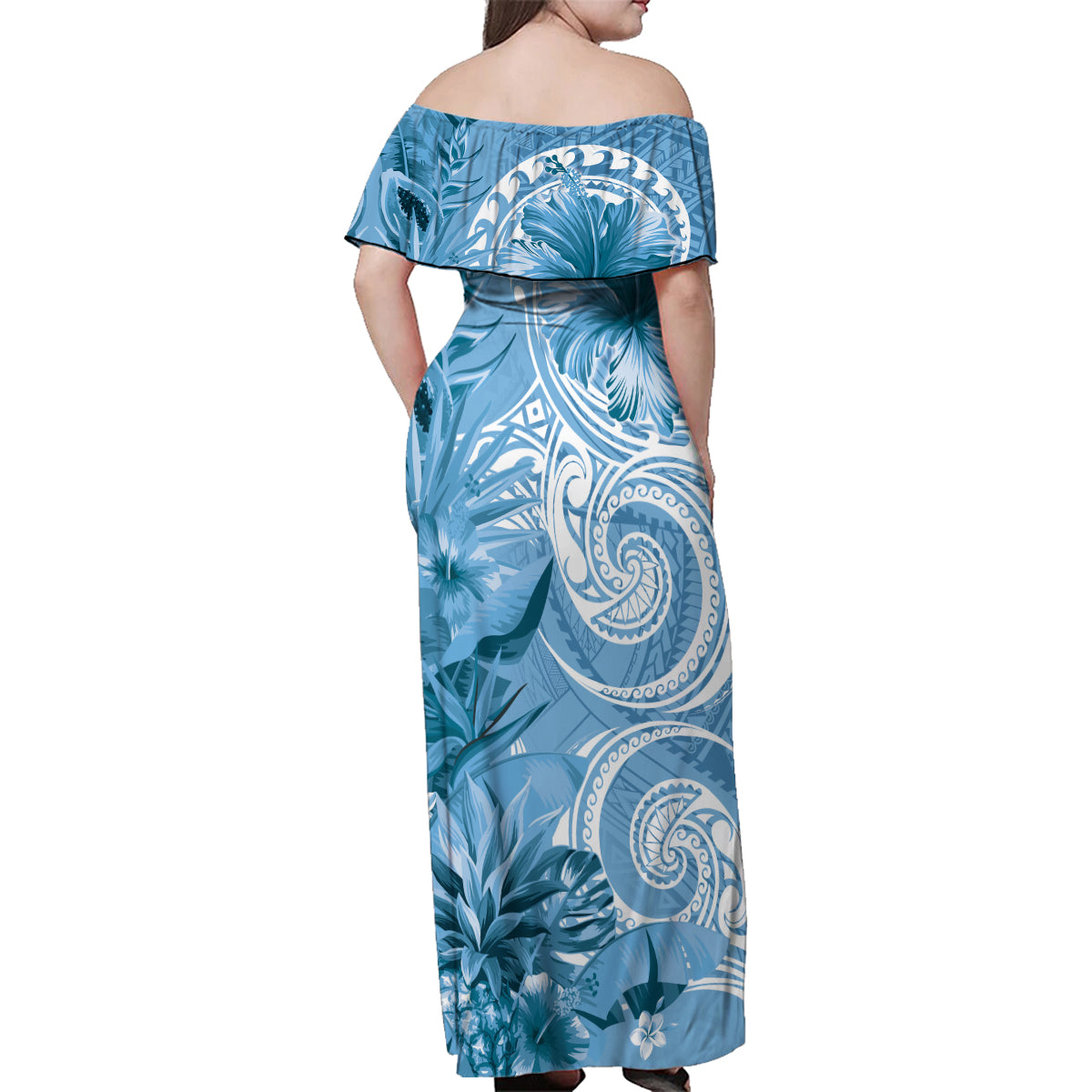 Polynesian Hibiscus Flower Tribal Family Matching Off Shoulder Maxi Dress and Hawaiian Shirt Blue Color
