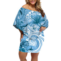 Polynesian Hibiscus Flower Tribal Family Matching Off Shoulder Short Dress and Hawaiian Shirt Blue Color