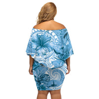 Polynesian Hibiscus Flower Tribal Family Matching Off Shoulder Short Dress and Hawaiian Shirt Blue Color