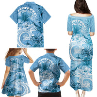 Polynesian Hibiscus Flower Tribal Family Matching Puletasi and Hawaiian Shirt Blue Color