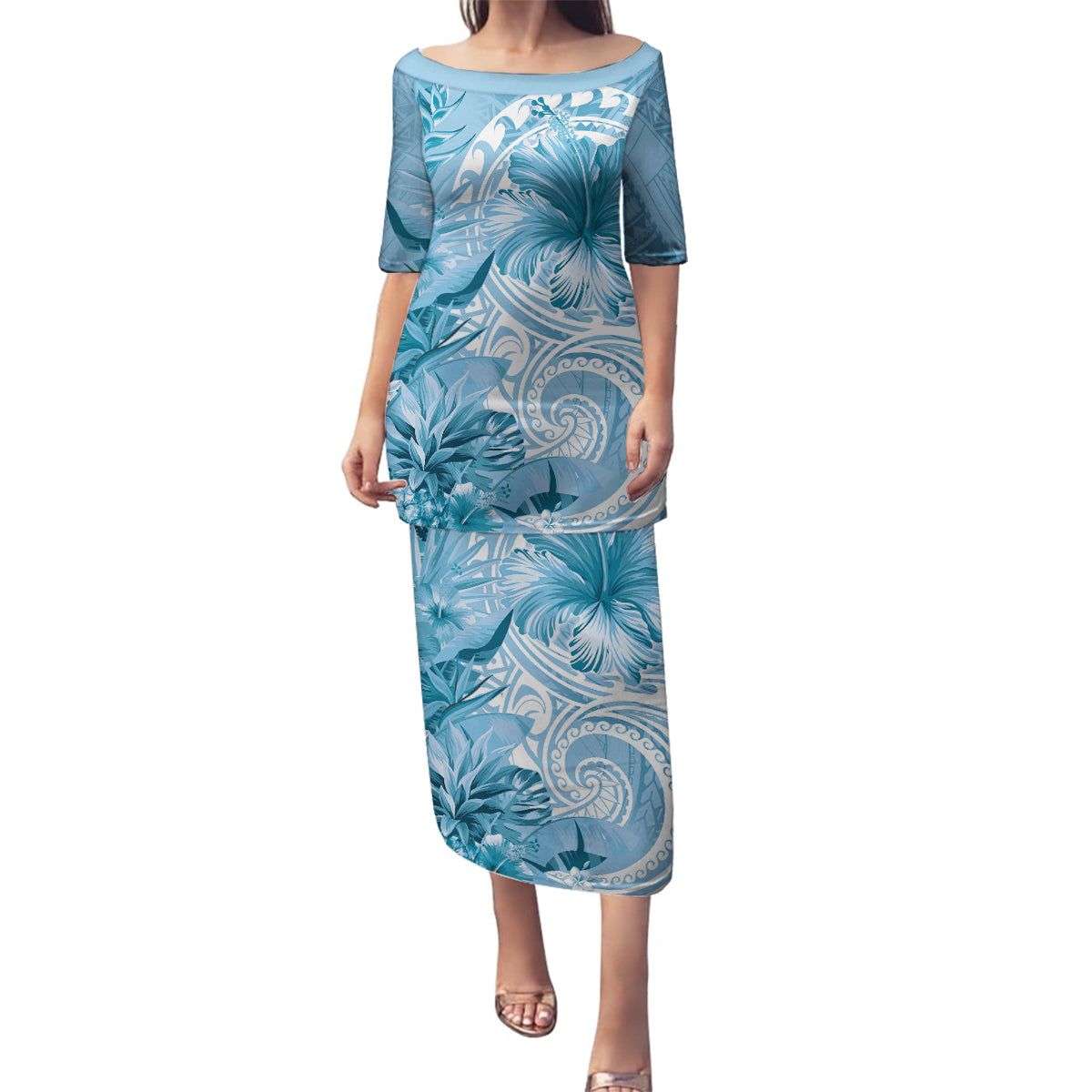 Polynesian Hibiscus Flower Tribal Family Matching Puletasi and Hawaiian Shirt Blue Color