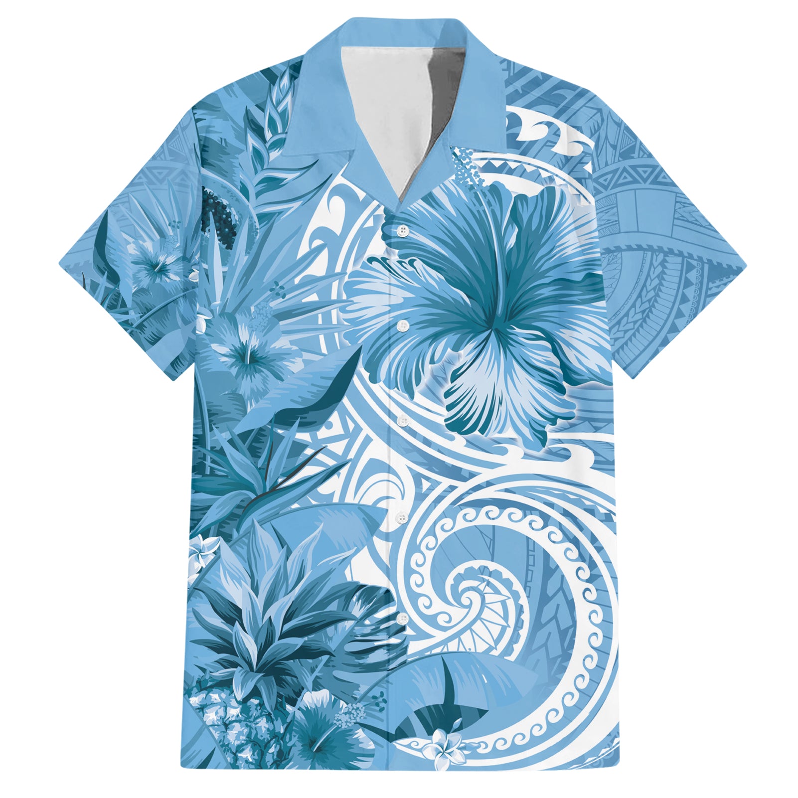 Polynesian Hibiscus Flower Tribal Hawaiian Shirt Blue Color