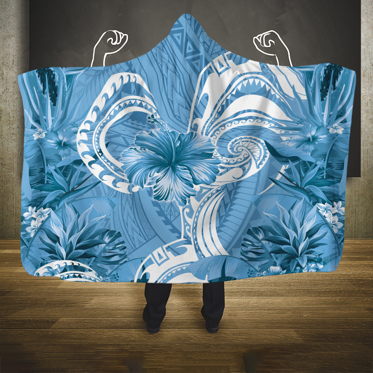 Polynesian Hibiscus Flower Tribal Hooded Blanket Blue Color